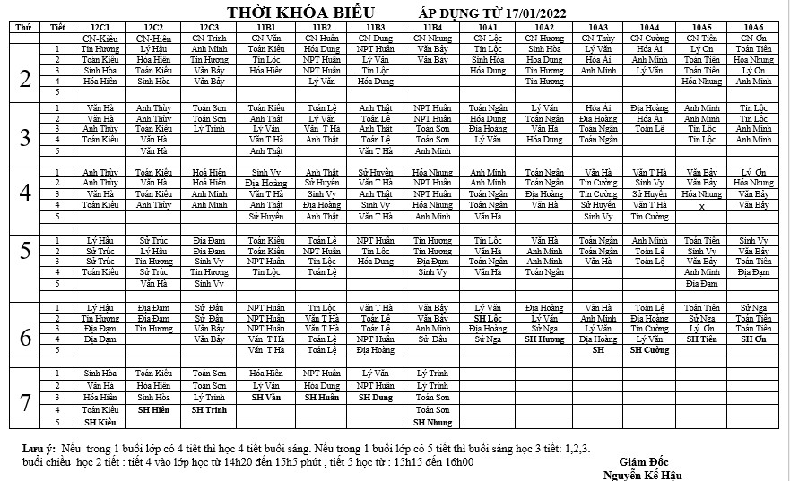 THỜI KHÓA BIỂU HK II – NH 2021- 2022